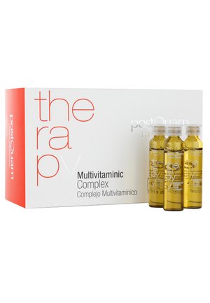Caja etiquetada "the rapy" Complejo multivitamínico con tres pequeños viales transparentes amarillos llenos de líquido colocados al frente sobre un fondo blanco.