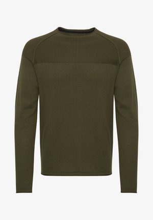 Pulover lung cu mânecă, de culoare verde măslin, confecționat dintr-un material tricotat texturat. Are un decolteu rotund și cusături contrastante la umeri.