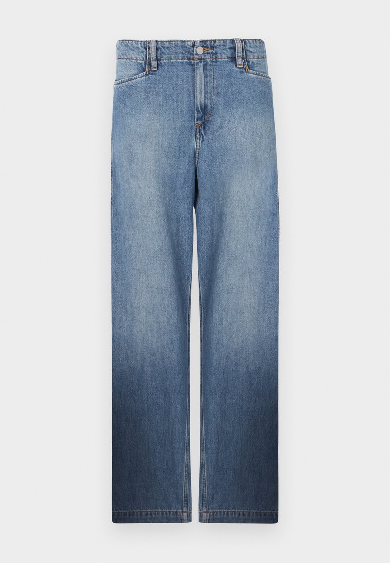 Hellblaue, gerade geschnittene Denim-Jeans mit einem Ausbleich-Effekt, fünf Taschen und Metallknopfverschluss an der Taille.