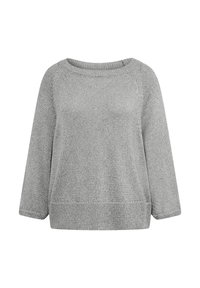Hellgrauer, gestrickter Pullover mit weitem Rundhalsausschnitt, Dreiviertelärmel und lockerer Passform. Verfügt über gerippte Bündchen und Saum.