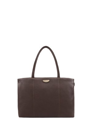Dark brown leather handbag with two rounded handles and subtle vertical stitching on a plain background.