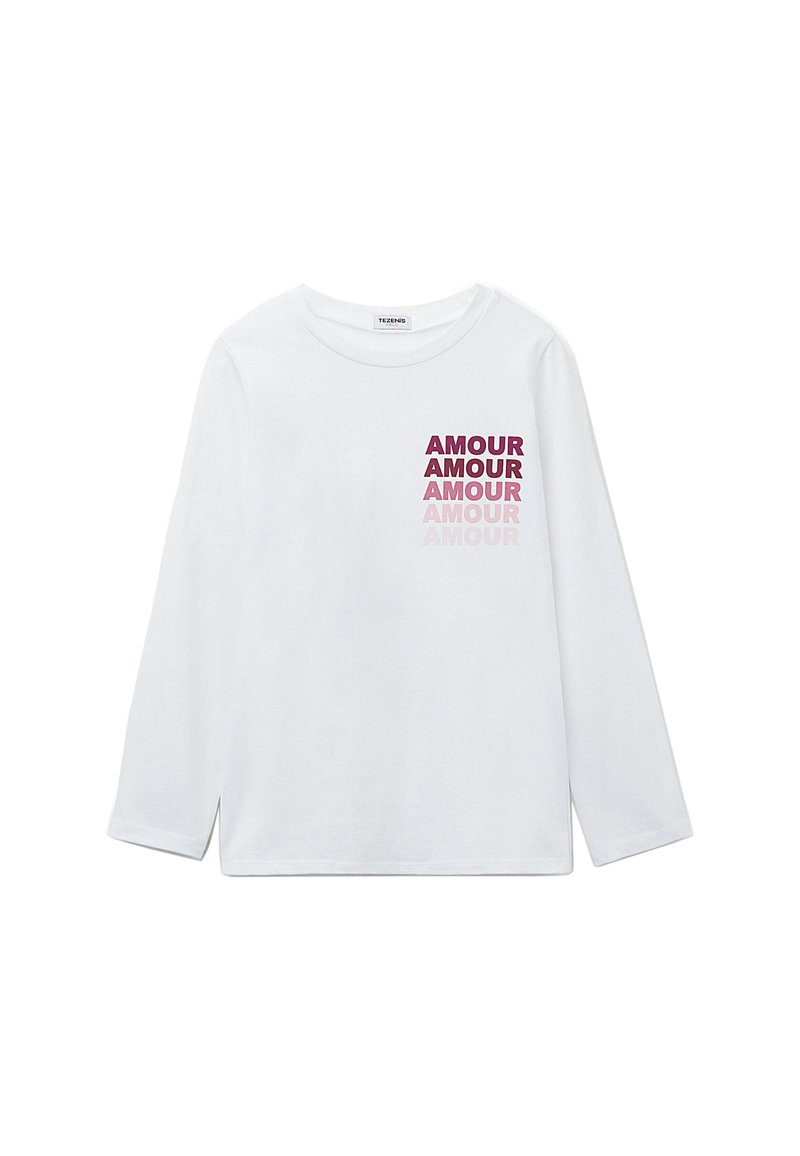Weißes Langarm-T-Shirt mit gestapeltem Text "AMOUR" in verschiedenen Pinktönen auf der linken Seite. Aus weichem Baumwollmaterial. Lässiges Design.