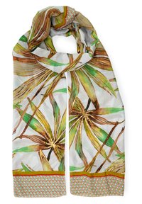 Lichtgewicht sjaal met een witte basis en groen en bruin bloemmotieven, gouden accenten en een gemusterde rand in oranje en blauw.