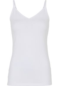 Hvid camisol med V-hals og tynde justerbare stropper, lavet af et glat, strækbart stof. Enkel design, ingen mønstre eller detaljer.
