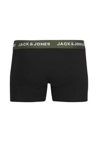 Black cotton boxer briefs with an olive green elastic waistband featuring white branding "JACK & JONES" printed around it.