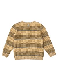 Jersey de punto con cuello redondo, que presenta rayas diagonales en tonos amarillos y grises, con puños y dobladillo acanalados, y una etiqueta de logo en la parte trasera.