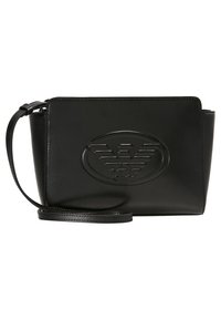 Borsa a tracolla nera in pelle con logo impresso, forma rettangolare, chiusura con zip superiore e tracolla regolabile. Texture liscia.