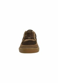 Brown suede sneakers with darker brown accents, round toe, lace-up front, and a textured rubber sole. Logo visible on the tongue.