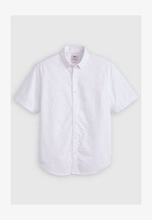 Camicetta bianca a maniche corte in cotone, con colletto button-down, texture sottile, orlo curvo e chiusura tradizionale con bottoni.