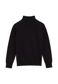 Melnas garām piedurknēm turtlenecks džemperis ar ribotām piedurknēm, apakšmalu un kaklu, parādīts no aizmugures uz balta fona.