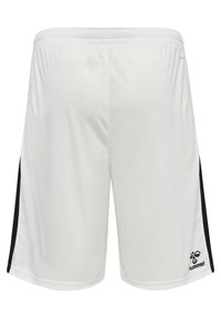 Pantaloni corti da atletica bianchi realizzati in materiale leggero, con accenti neri sui lati e una vita elasticizzata. Logo Hummel visibile in basso a destra.