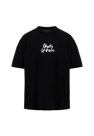 Tricou negru din bumbac cu mâneci scurte și decolteu în formă de cerc, având textul alb "Guess Los Angeles" imprimat pe față.