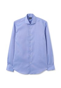 Camicia a maniche lunghe azzurra realizzata in cotone, con colletto a punta, chiusura con bottoni sul davanti e orlo arrotondato con polsini abbottonati.