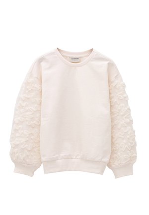Sweat-shirt à manches longues couleur crème avec manches texturées à volants, poignets et ourlet côtelés, encolure ronde et devant lisse.