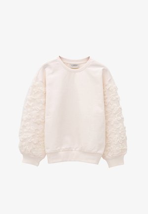 Sweat-shirt à manches longues couleur crème avec manches texturées à volants, poignets et ourlet côtelés, encolure ronde et devant lisse.