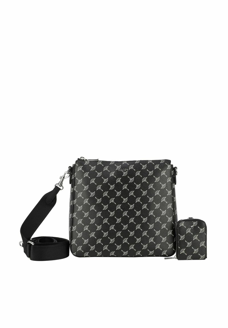 Czarna syntetyczna torebka na ramię z powtarzającym się wzorem wachlarza, srebrnymi akcesoriami i odpinaną pasującą kieszonką z zapięciem na zamek.