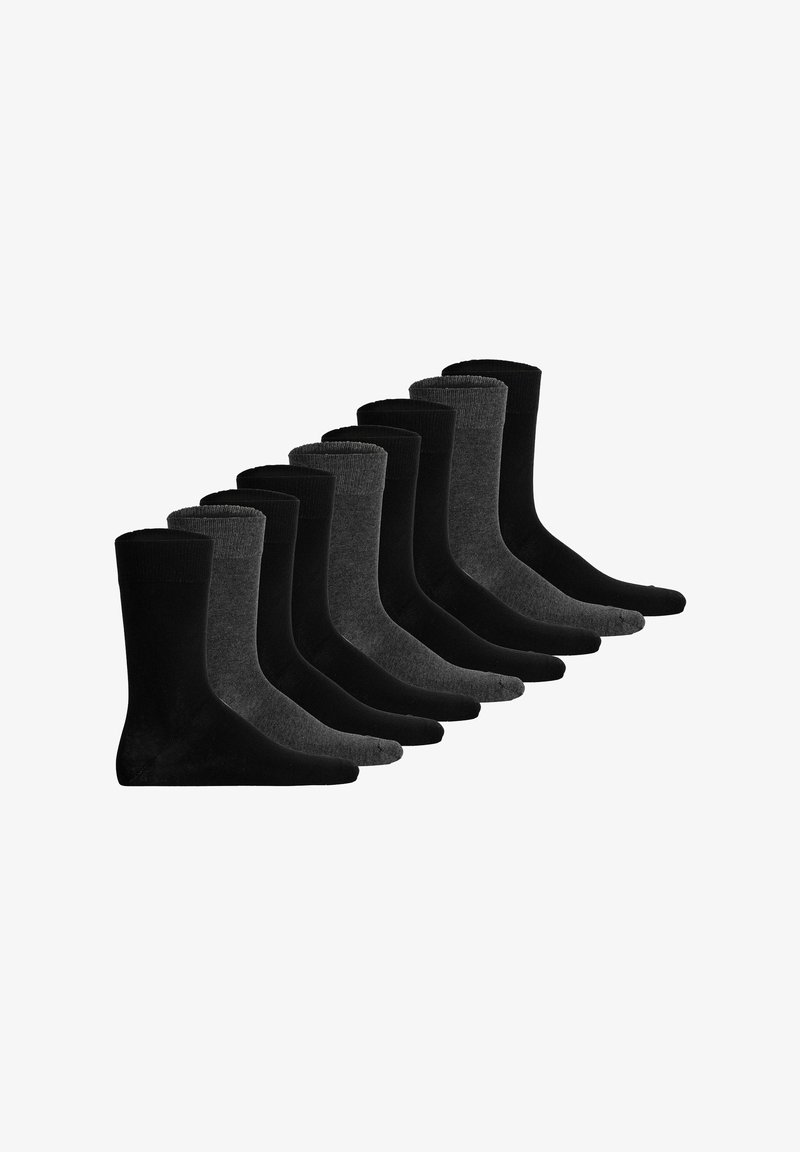 Pakke med otte strømper i forskellige nuancer af sort og grå, med glat stof, ribbede manchetter og et standard crew-længde design.