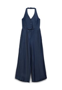 Tuta blu navy con collo a halter, chiusura frontale con bottoni e taglio a gamba ampia. Realizzata in un tessuto morbido e leggero con una vestibilità strutturata.