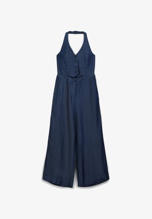 Combinaison bleu marine à col croisé, avec un devant boutonné et une coupe évasée. Fabriquée dans un tissu léger et lisse avec une coupe structurée.