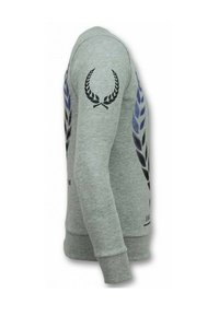 Grijze sweatshirt met een ronde hals, geribbelde manchetten en logos aan de zijkant met zwart en blauwe bladvormen. Zachte stoftextuur.