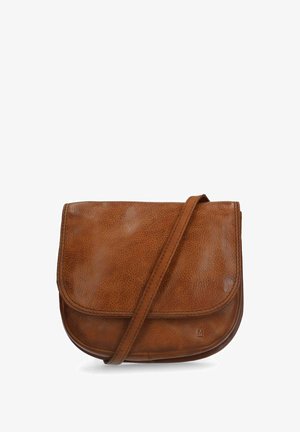 Braune Leder-Umhängetasche mit glatter Textur, Klappenverschluss und schmalem, verstellbarem Riemen. Auffällige Nähte entlang der Kanten.