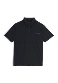 Polo shirt nera con maniche corte, colletto e bottoniera a tre bottoni. Presenta un logo a contrasto sul petto e un tessuto morbido e leggero.