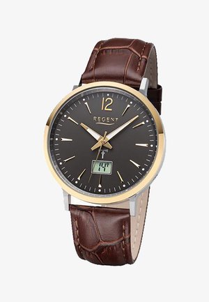 Montre classique avec cadran noir, lunette dorée, index et aiguilles dorés, bracelet en cuir marron, et petit affichage numérique de la température.