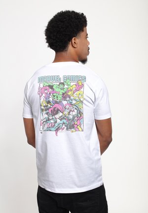 White short-sleeve T-shirt featuring a colorful comic book illustration on the back with characters from Marvel Comics and bold text.