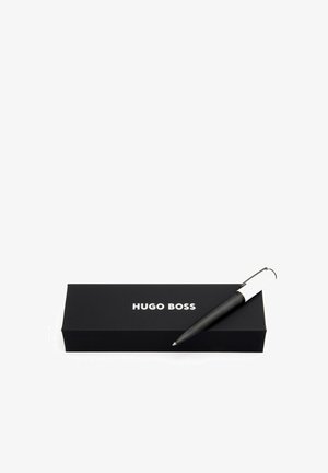 Black metal pen with textured grip, silver hardware, and white accent. Includes a black box featuring "HUGO BOSS" text in white.