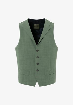 Groene linnen gilet met een gestructureerde afwerking, voorzien van een notch-kraag, vijf zwarte knopen en twee voorzakken. Gevoerde binnenkant.
