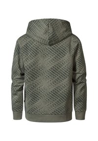 Felpa con cappuccio caratterizzata da un motivo di testo nero su uno sfondo verde tenue. Presenta una tasca a marsupio e polsini e orlo a coste.