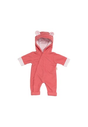 Soft pink baby romper with hood featuring small ears, lined with white fabric with pink polka dots, and folded cuffs on sleeves and legs.