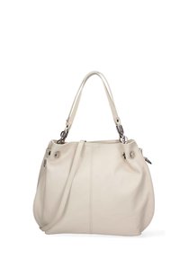 Bolso de cuero blanco con doble asa y una correa para el hombro. Presenta un diseño redondeado y un detalle de costura visible, con acentos de hardware mínimos.