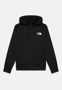 Black zip-up hoodie made of soft fabric with a hood, two front pockets, ribbed cuffs, and a white logo on the left chest area.