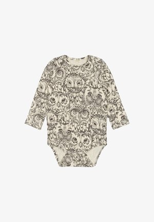 Long-sleeve baby bodysuit in cream featuring a detailed black owl print, round neckline, and snap closure at the bottom. Soft cotton material.