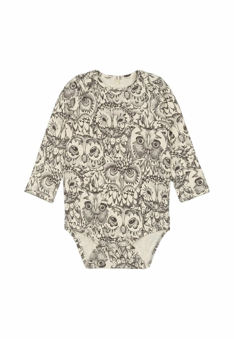 Langärmeliger Babybodysuit in Creme mit einem detaillierten schwarzen Eulen-Druck, Rundhalsausschnitt und Druckknöpfen am Boden. Aus weichem Baumwollmaterial.