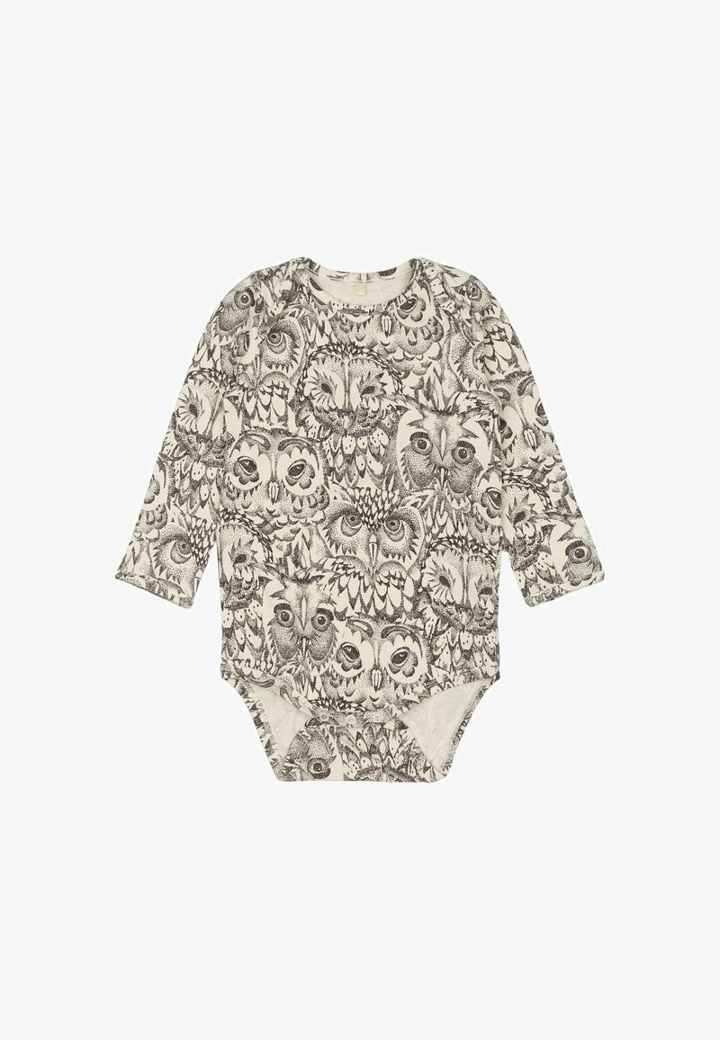 Bodi dugih rukava za bebe u boji krem sa detaljnim crnim printom sove, okruglim izrezom i kopčanjem na dnu. Mekani pamučni materijal.