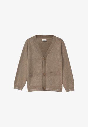 Cardigan beige en tricot avec un col en V, une fermeture devant par boutons et deux poches avant. Poignets et ourlet côtelés ajoutent de la texture.