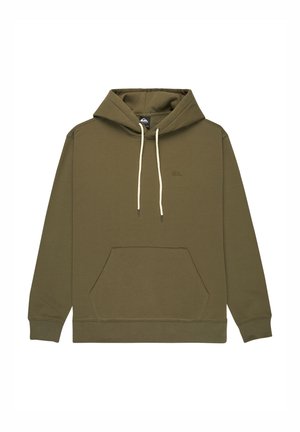 Olivegrüner Hoodie aus Baumwolle, mit einer Fronttasche, Kapuze mit Kordelzug und einem auf der Brust gestickten Logo. Weiche Textur.