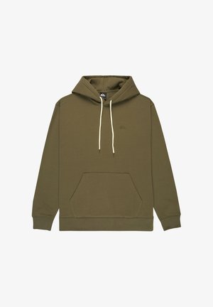 Olivegrüner Hoodie aus Baumwolle, mit einer Fronttasche, Kapuze mit Kordelzug und einem auf der Brust gestickten Logo. Weiche Textur.