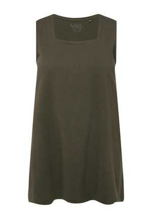 Top senza maniche verde oliva con scollatura quadrata, realizzato in un tessuto morbido e liscio; presenta una forma rilassata e fluida con orlo curvo.