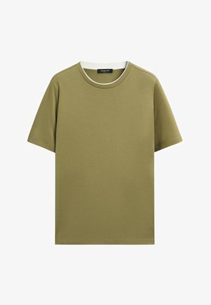 Massimo Dutti, 100% COTTON LAYERED COLLAR T-SHIRT - T-shirts basic - mottled dark green