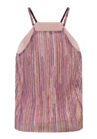 Haut sans manches rose et violet à rayures, avec des bretelles fines ajustables et un décolleté droit.