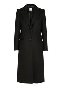 Zwarte wollen jas met een gestructureerde silhouet, ingezette revers, twee voorzakken en een enkele knoopsluiting. Soepele textuur en een getailleerde pasvorm.