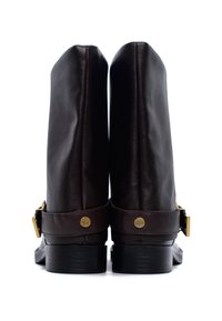 Brązowe skórzane buty o eleganckim wzornictwie, z akcentami w złotym kolorze, niskim obcasie i gładką teksturą. Wysokie buty zwężające się ku tyłowi.
