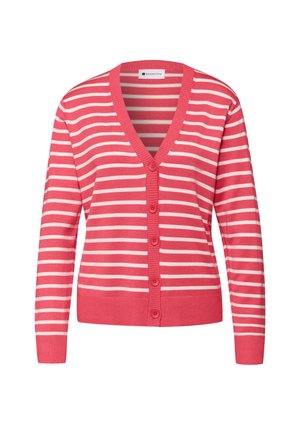 Roze-wit horizontaal gestreepte cardigan met lange mouwen, V-hals, knoopsluiting en geribbelde manchetten en zoom.