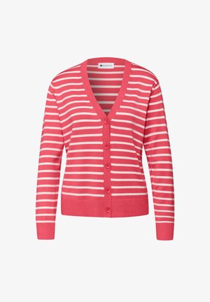 Kardigan w różowo-białe paski w poziomie, z długimi rękawami, dekoltem w serek, zapinany na guziki, z prążkowanymi mankietami i dołem.