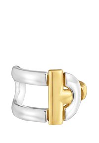 Buckled ring with a silver and gold finish. Features a polished circular design with smooth curves and a distinctive connecting detail.