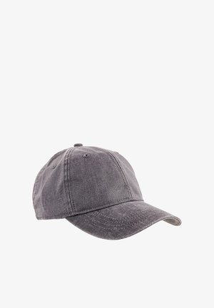 Grijze katoenen baseballpet met een gebogen klep, zes gestikte oogjes en een gestructureerde afwerking. Verstelbare band aan de achterkant voor een betere pasvorm.