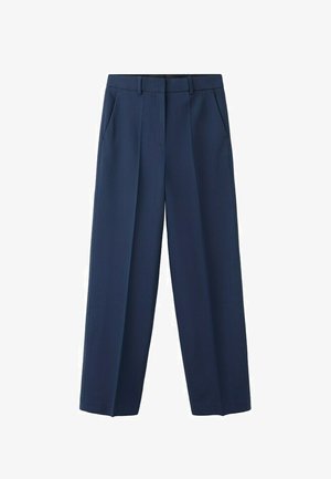 Pantaloni sartoriali blu navy con gambe dritte, tasche laterali, passanti per cintura e chiusura frontale con zip.